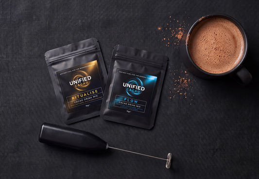 Welcome Pack laid out: a sachet of Ritualise, a sachet of Flow, an electric whisk and a recipe card