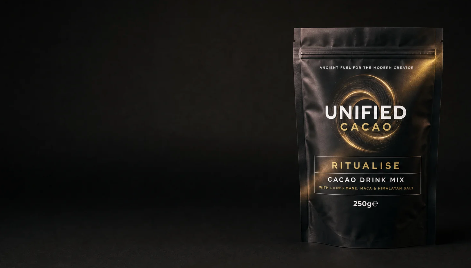 Unified Cacao cacao drink mix package on a black background