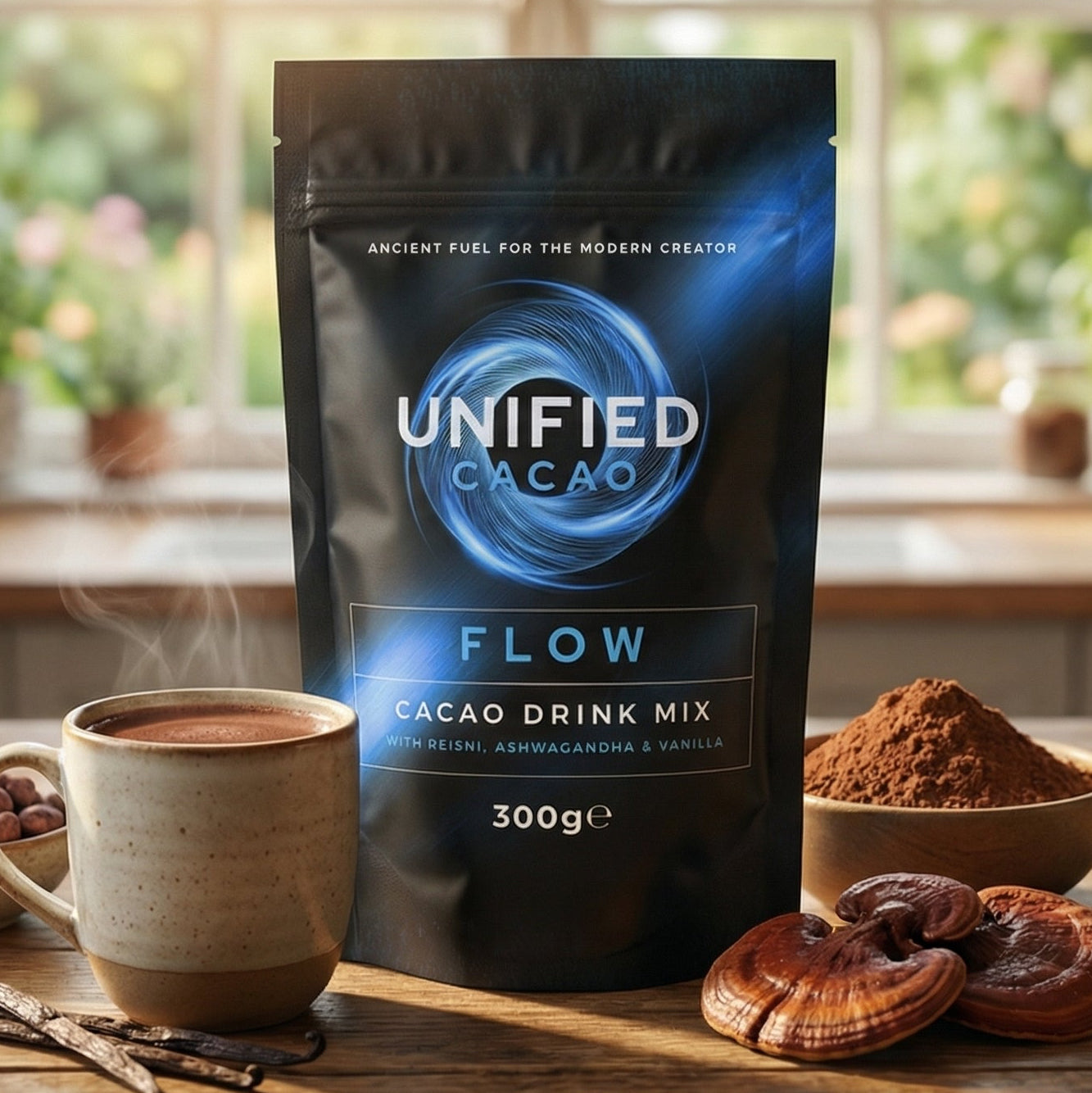 Unified Cacao Flow cacao drink mix package on a wooden table with a cup of coffee and cacao beans.